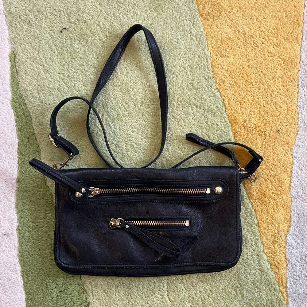Linea Pelle Leather Crossbody Shoulder Bag Black Studded Small Gold Strap